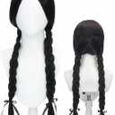 Long Black Braided Costume Wig Black Pigtails Wig 27.5'' Synthetic Hair + Net Cap for Women Halloween Daily