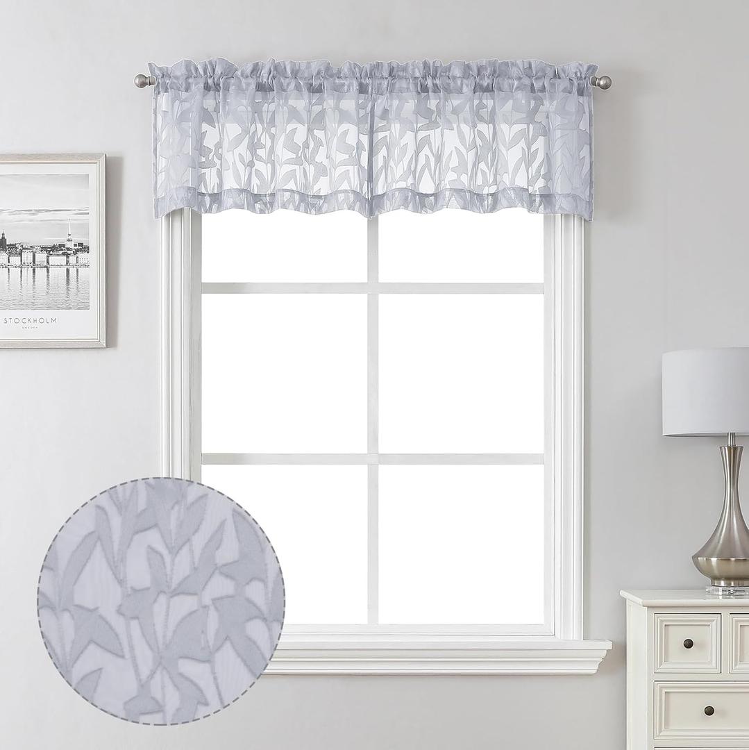 Lecloud Leia Sheer Light Grey Window Curtains for Kitchen 14 Inch Length 2 PCS, Dual Rod Pockets Window Living Room Curtain Valance, Jacquard Clip Textured Leaf Short Bedroom Drapes, 40 W x 14 L