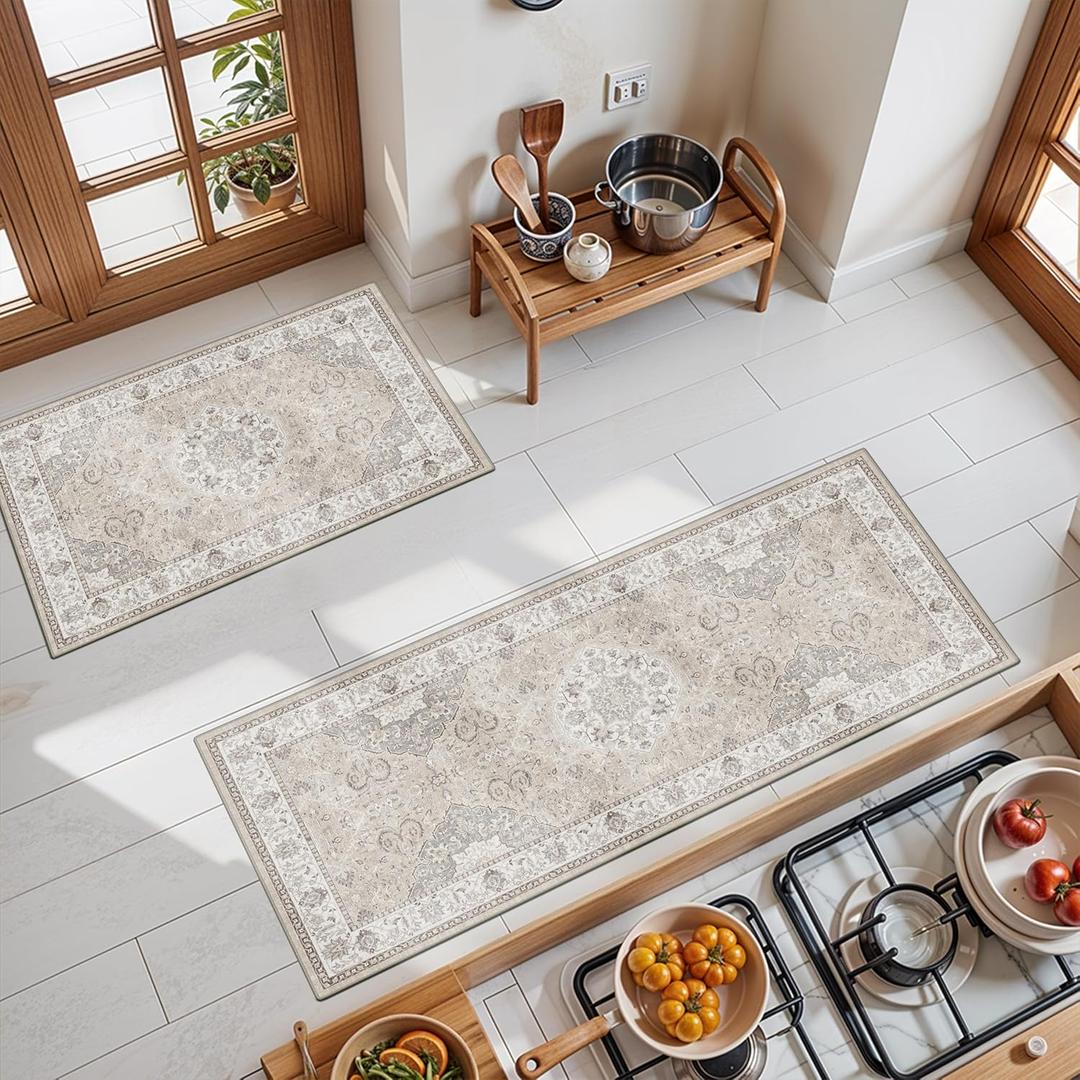 2-Piece Kitchen Runner Rug Set: Washable Non-Slip Floor Mats for Sink & Stove Cooking Area Soft Low Pile Water-Resistant Carpet for Dishwasher Fridge Fronts Durable Kitchen Island Mats(2x3+2x4,Beige)