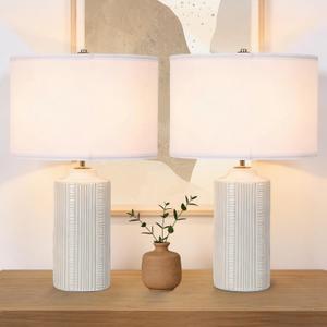 23" Ceramic Table Lamps Set of Two, White Ceramic Desk Lamps for Living Room, Farmhouse Bedside Lamps for Bedroom Decor, Beige Nightstand End Table Lamps