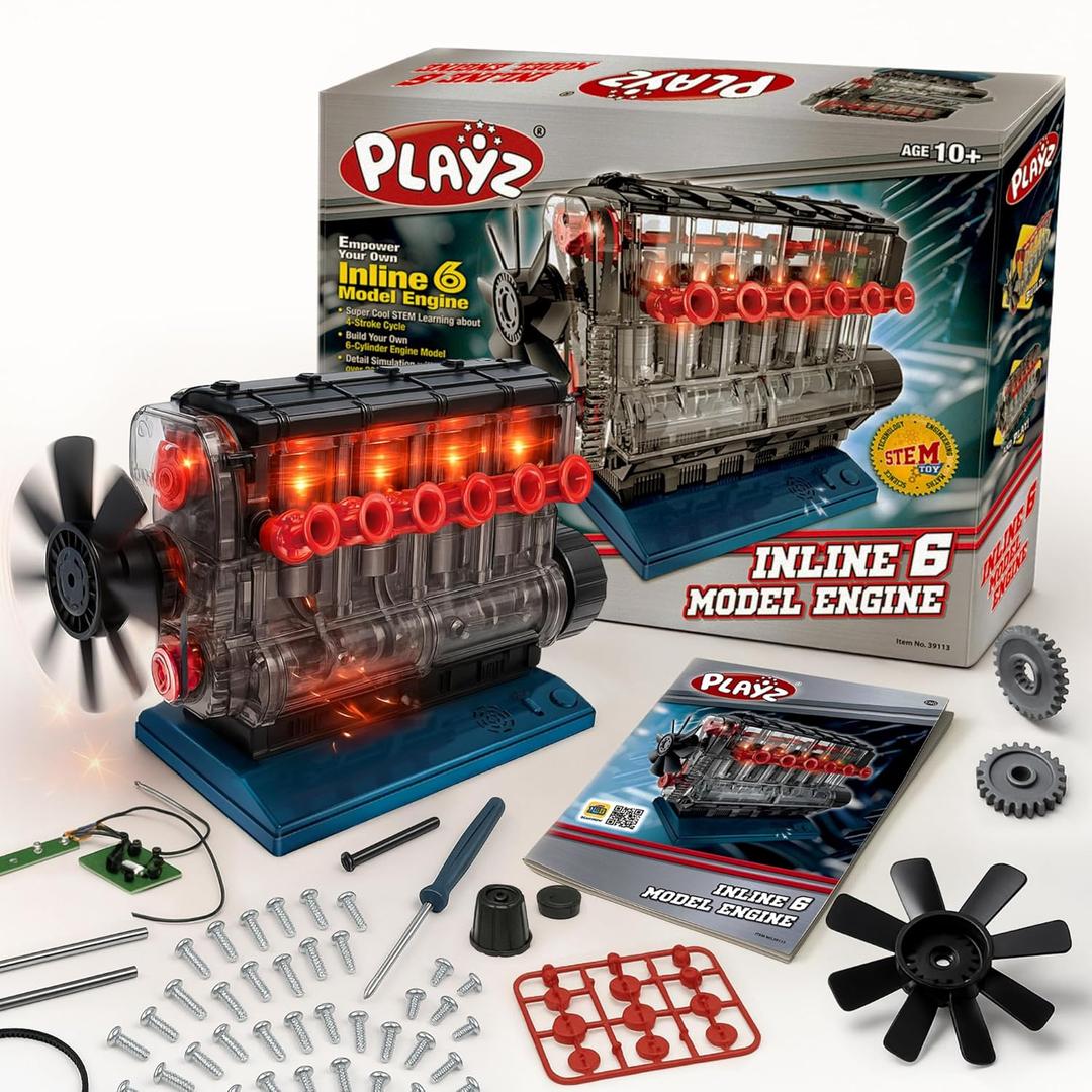 Playz Inline 6 Engine Model Kit - Build Your Own STEM Inline 6 Small Engine That Runs Kit for Adults & Kids Age 10-12+, Visible Inline 6 Mini Engine Kit That Works for Adult w/ 230 STEM Parts