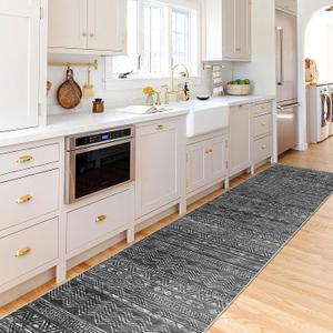 Moroccan Washable Hallway Runner Rug - 2'6"x12' Kitchen Rugs for Living Room Bedroom with Non Slip Floor Carpet Soft Low Pile Floor Mat Thin Hallway Runner Rug 2'6"x12' Black