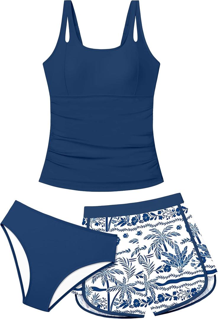 Girls Tankini Swimsuit 3 Piece Bathing Suits for Girl Square Collar Tankinis Set Girls' Swimwear with Print Shorts