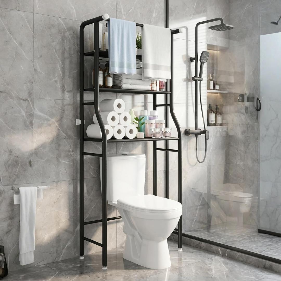 UDEAR 3-Tier Over The Toilet Rack,Bathroom Shelf Space Saver,Corner Stand Storage Organizer Accessories,The Washing Machine,with Hanging Rod,Tower Shelf,White