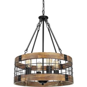 Farmhouse Rustic Chandelier Light Fixture, 4-Light Round Hanging Pendant Lighting for Dining Room Entryway Kitchen Island Foyer Breakfast Area, Black Wood and Black Metal Finish (17.8''(D) / 4-Light)