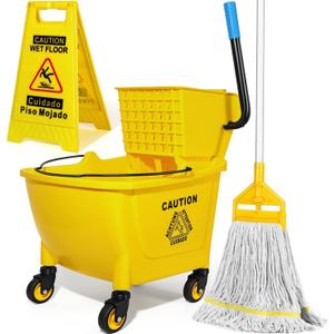 35Qt Commercial Mop Bucket with Side Press Wringer on Wheels Yellow