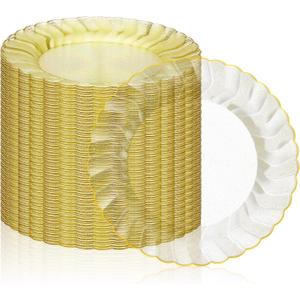 Hushee 50 Pcs Plastic Plates with Gold Trim 6'' Small Round Disposable Vintage Dessert Plates for Party Birthday Buffet Wedding Catering Celebration Reception (Gold)