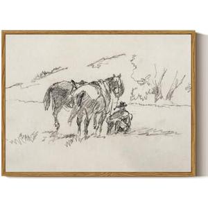 ARPEOTCY Framed Canvas Wall Art, Western Wall Decor, Minimalist Sketch Cowboy Pictures for Bedroom Bathroom Office Kitchen, Vintage Rustic Southwestern Cottagecore Neutral Decorations, 12x16inch