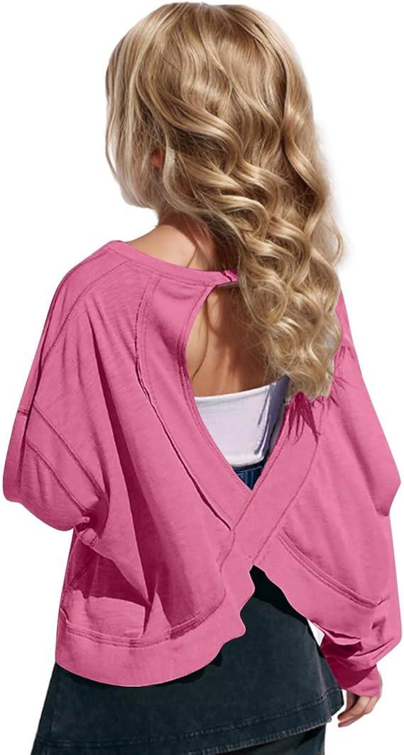 LRMQS Girls Long Sleeve Shirts Cute Fashion Crop Tops Preppy Youth Summer Spring Casual Trendy Teen Girl Clothes Outfits Size:M