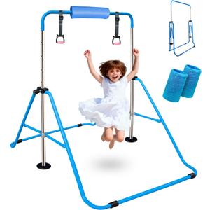 Folding Gymnastics Bar for Kids, Adjustable Height Junior Training Kip Bar, Home Expandable Horizontal Gymnastic Monkey Bars Equipment, Upgrade with Foam Bar Pad and 2 Gymnastics Wrist Grips for Free (blue)
