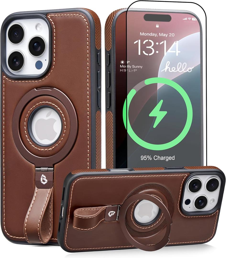 BUTAIGA for iPhone 15 Pro Leather Case with Stand, AntiSlip Grip Ring, Fits for MagSafe (Brown, IP 15 Pro6.1inch)