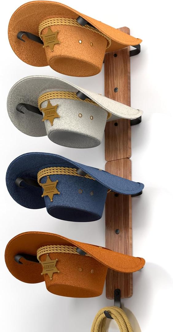 Cowboy Hat Rack for Wall, Cowboy Hat Holder for 4 with Hooks,Wooden Rustic Metal Hanger for Wall with Pine Board,Western Baseball Hat Rack Holder for Fedora, Sun Hats