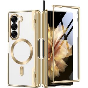 Upgraded Magnetic for Z Fold 6 Case with S Pen Holder, Compatible with Magsafe,[Built-in Screen Protector & Hinge Protection] Full-Body Plating Slim Phone Case for Samsung Galaxy Z Fold 6, Gold