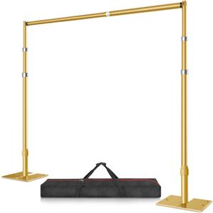 8.5x10 Pipe and Drape Stand Kit, Heavy Duty Backdrop Stand Adjustable, Sturdy Metal Back Drop Decoration Frame with Flat Base for Parties, Flower Wall, Wedding, Event,Trade Shows, Photo Shoot- Gold
