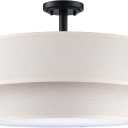 Dolaimi House 4 Light Semi Flush Mount Close to Ceiling Light Fixture, Linen Fabric Shade Black Finish 18 inch Semi Flush Drum Light for Bedroom, Living Room, Dining Room Hallway