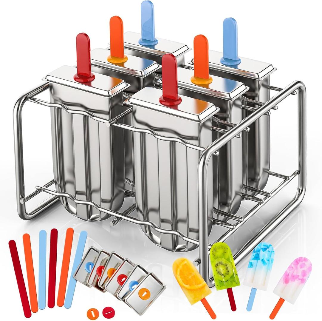 Stainless Steel Pop Molds, 6 Round Head Metal Pop Molds with Holder & Reusable Sticks, Metal Ice Cream Makers for Frozen Yogurt Fruit Ice Cream Sorbet Making(Square)