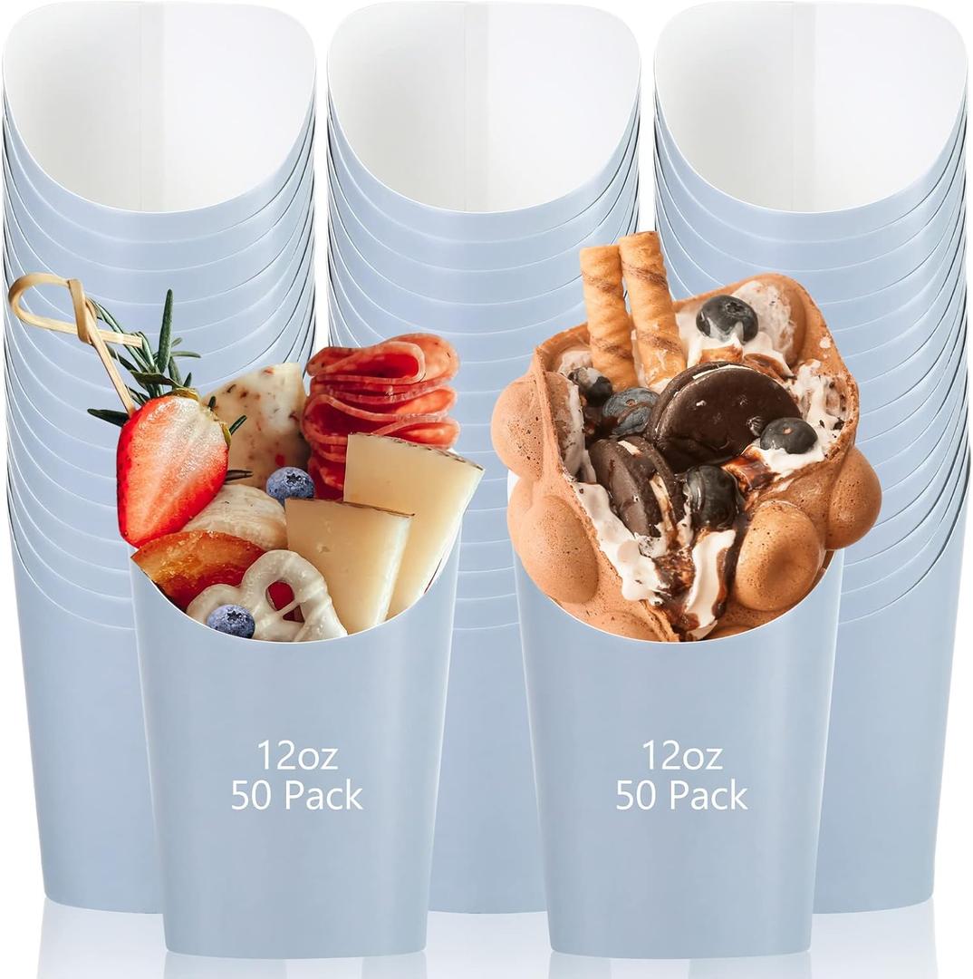 Sabary 50 Pcs Halloween Charcuterie Cups, 12 Oz Paper Snack Appetizer Cups, French Fry Holder Brown Kraft, Disposable Popcorn Boxes Cones for Christmas Baby Shower Birthday Waffle Food Takeout(Blue)