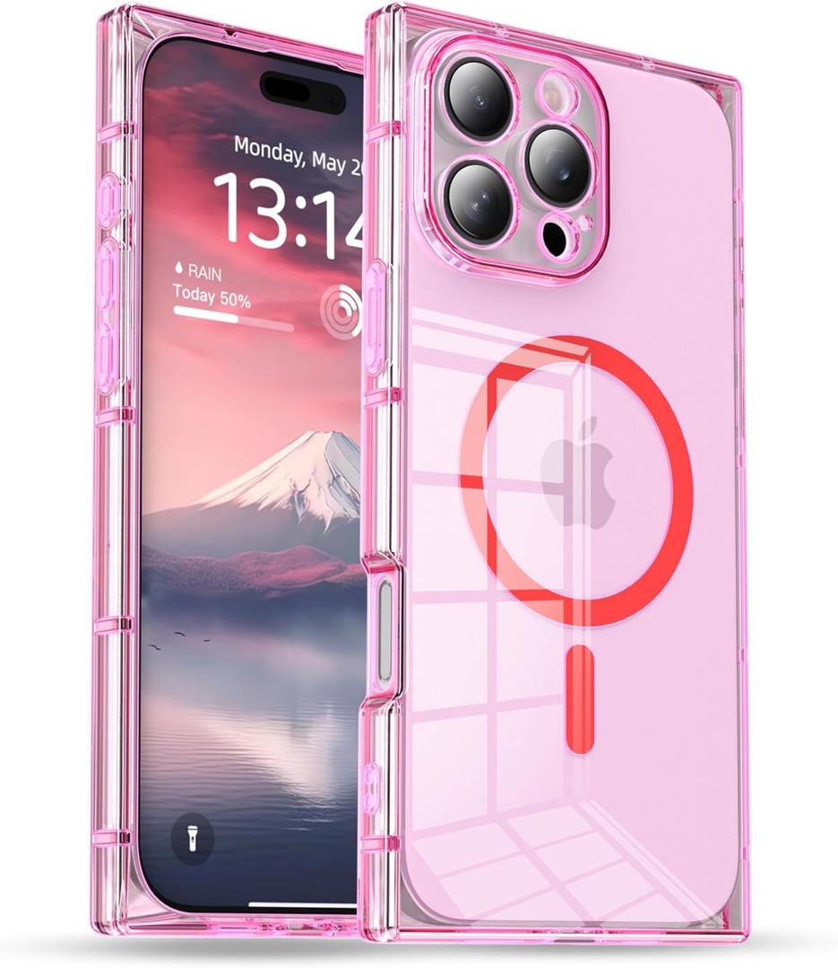 Rectangle Edge Magnetic Clear Case for iPhone 15 Pro Max, Compatible with MagSafe, Full Camera Protection & Reinforced Corners, Thin Slim Shockproof TPU Phone Cover for Women Girls, Pink