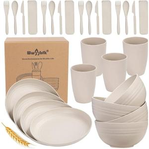 Klickpick Home 28 Pieces Wheat Straw Dinnerware Set with 4 Each of Dinner Plates Cereal Salad Bowls Cups Flatware's Unbreakable Modern Dinner Set for Microwave Dishwasher Safe Reusable- Beige
