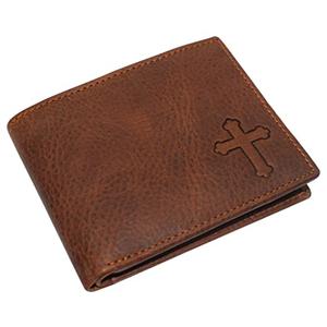 Real Genuine Leather RFID Blocking Wallets Mens Wallet Bifold Classic Engraved Logos (Cross)