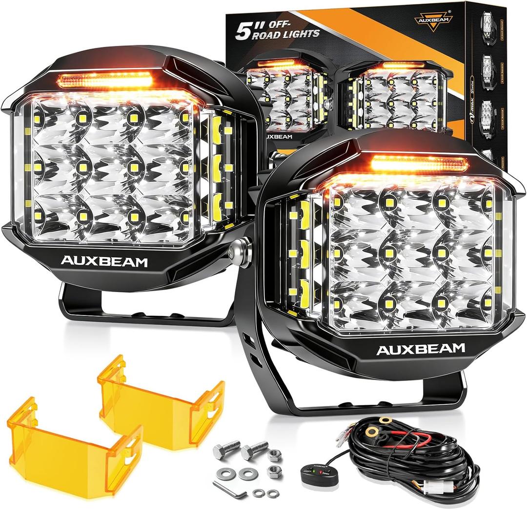 Auxbeam 5" 168W Round LED Offroad Light Pod with Amber DRL, V-MAX Series 16440LM Side Shooter LED Offroad with 270 Beam & Amber Covers, Auxiliary Driving Light for Truck ATV Jeep Ford