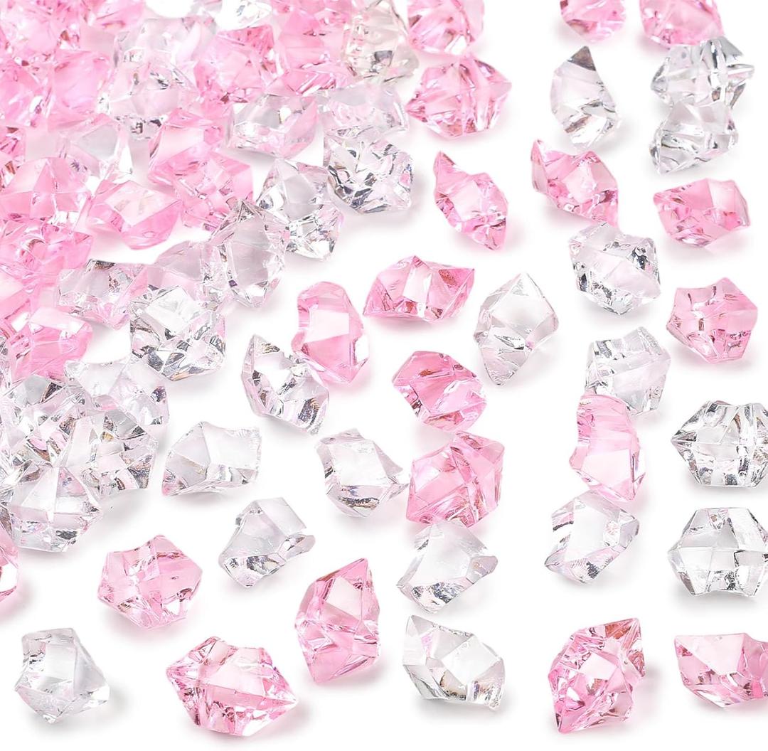 DomeStar Fake Ice, 150PCS Acrylic Fake Diamonds Vase Fillers Pink and Transparent Rocks Plastic Gems for Party Table Scatter Decor