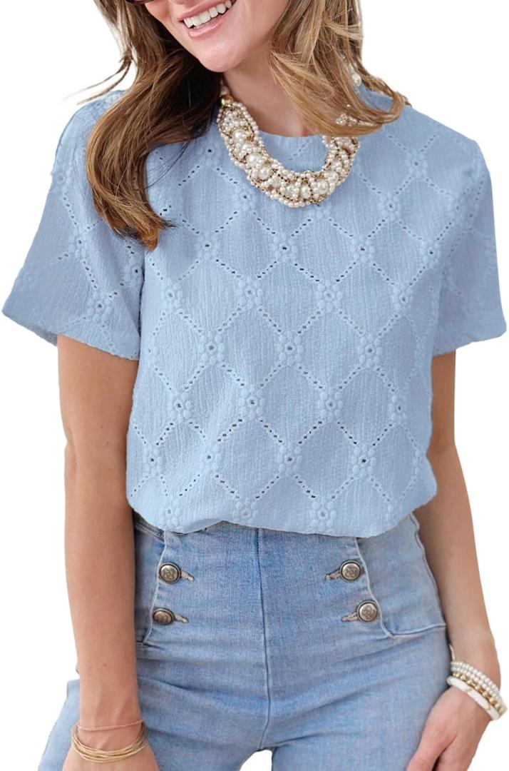 Dokotoo Women's Tops Casual Scoop Neck Short Sleeve Eyelet Embroidered Hollow Out Blouses Shirts (Blue, XXL)
