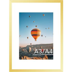 JCJMY 11.7x16.5 A3 Picture Frame Gold with 8.3x11.7 A4 Mat, Display Photo 8.3x11.7 with Mat or 11.7 x 16.5 Without Mat, Wall Hanging Large Frame with Plexiglass, Gold