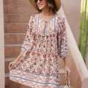 Qearal Women's Casual V Neck 3/4 Sleeve Boho Floral Printed Loose Short Flowy Summer Beach Vacation Dress (XX-Large, Coffee White)