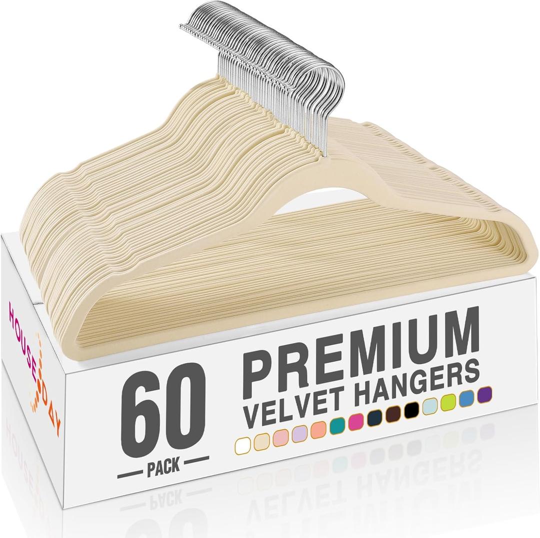 HOUSE DAY Beige Velvet Hangers 60 Pack, Non Slip Clothes Felt Hanger Heavy Duty for Coat, Premium Slim Space Saving Suit Hangers for Closet Organizer, 360 Rotating Silver Hook