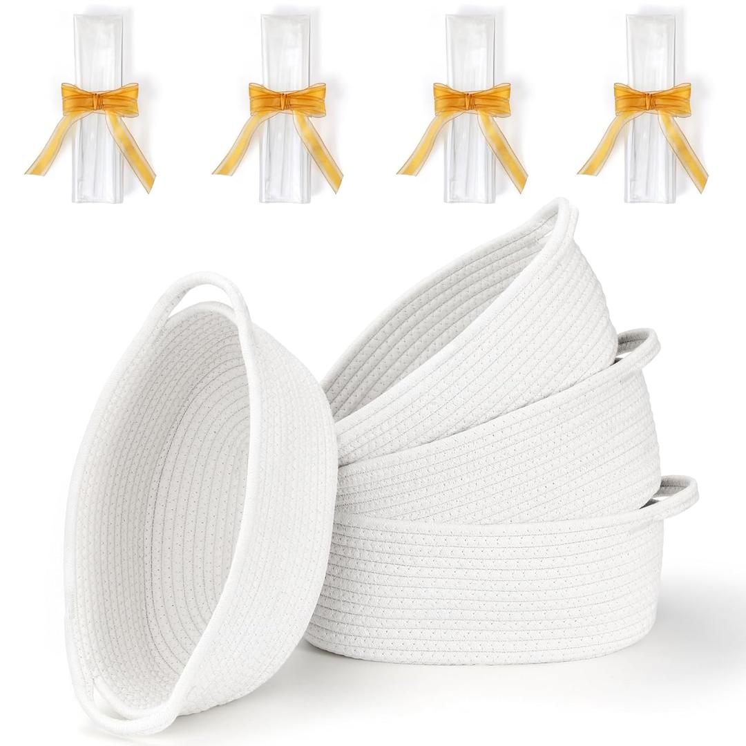 4 Pack Small Woven Basket with Handles, All 12"x 8"x 5", Cotton Rope Room Shelf Storage Basket, Cat Toys, Cute Baby Gift Basket with Gift Bags and Ribbons for Nursery, Empty Decorative Gift Chest Box