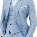 Furuyal Linen Suit 3 Pieces Vintage Retro Wedding Prom Suits Slim Fit Jacket Blazer Groom Tuxedos (Medium, Blue)