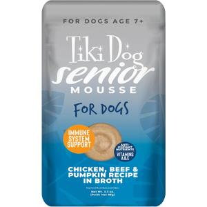 Tiki Dog Senior Mousse Wet Dog Food, Chicken, Beef & Pumpkin, 3.5 oz. Pouch (EXP 05/23/27)