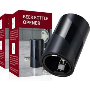 2 PACK Push Down-Pop Off Beer Bottle Opener with Magnetic Cap Catcher No Damage to Caps,Automatic Decapitator Beer/Soda Magnet Bottle Top Openers,One-Hand Easy/Funny Open,Cool Bartender Tools (Black)