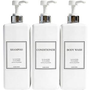 Shampoo and Conditioner Dispenser - Modern Design Large 27oz Shower Soap Dispenser Set of 3, Refillable Empty Plastic Pump Bottles for Bathroom, 6 Waterproof Labels Included, White & Silver