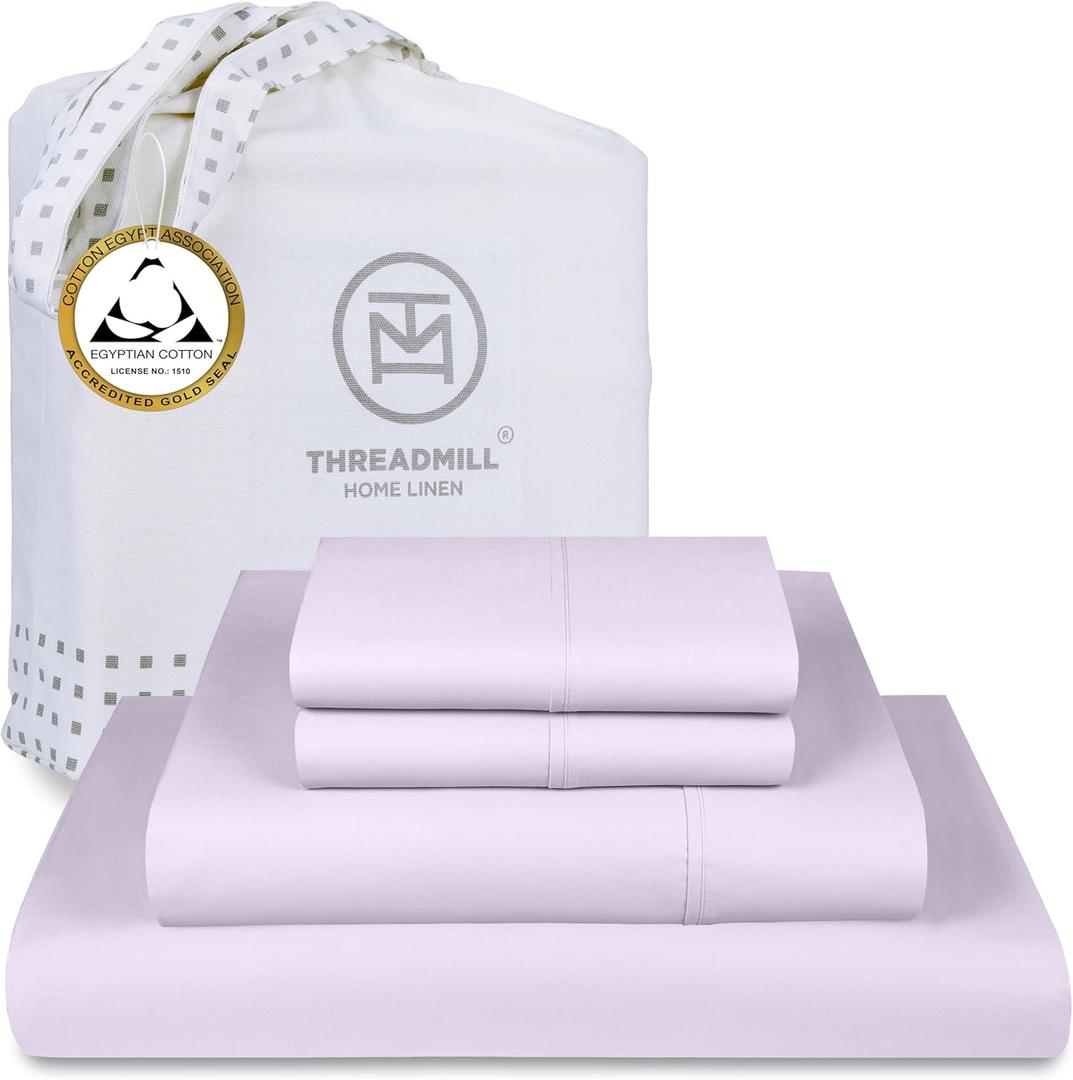 Threadmill Egyptian Cotton Queen Sheet Set | 100% Certified Egyptian Cotton Sheets for Queen Size Bed | Queen Bed Sheets Set with Snug Fit 16" Deep Pocket | Soft Cooling Sateen Bedding Set | Lilac