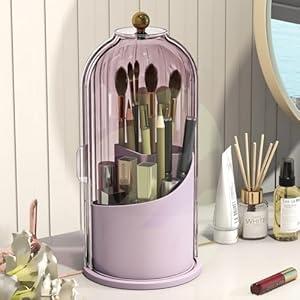 Emljkvp Makeup Brush Holder with Dustproof Cover 360 Rotating Makeup Brush Organizer for Vanity Bathroom, Pink