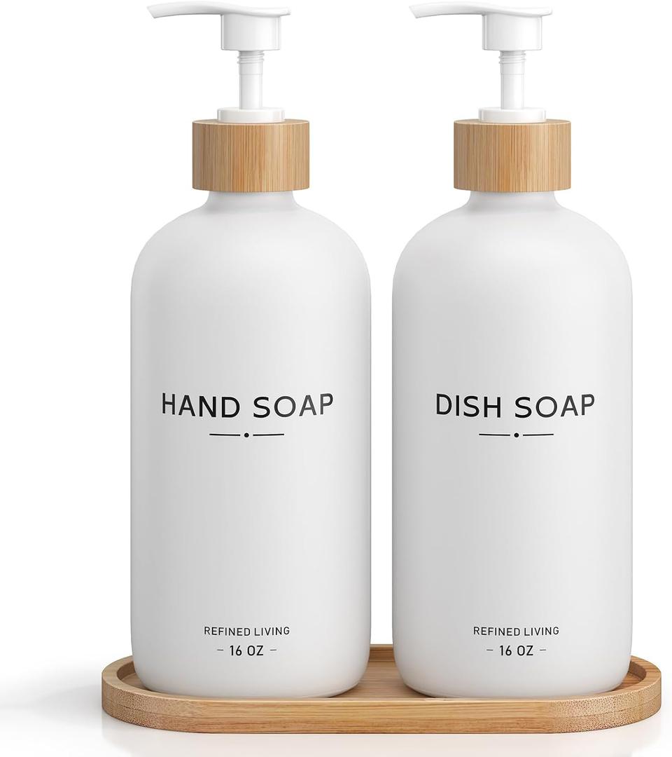 Hand and Dish Soap Dispenser Set,16oz Glass Bottles with Bamboo Pumps & Tray,Countertop Soap Dispensers for Kitchen,Luxury, Minimalist & Farmhouse Decor, 1 Piece