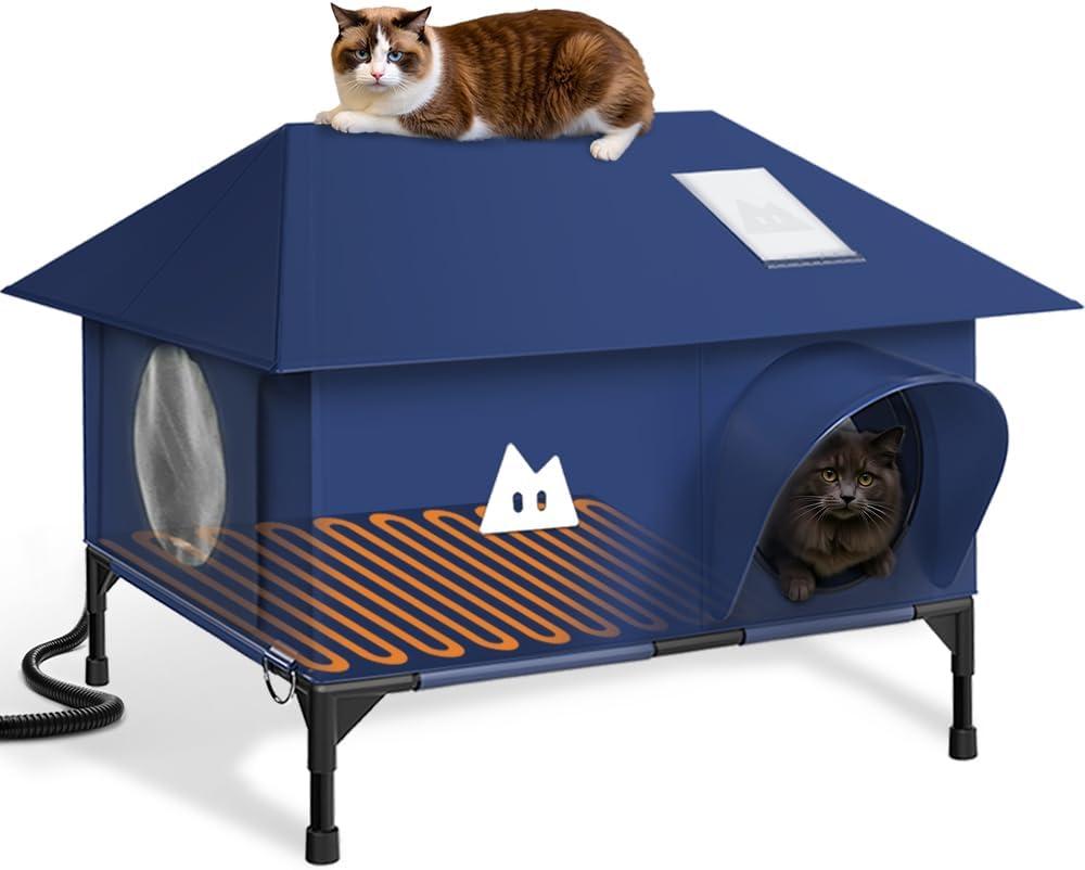 Heated Cat House for Outside Cats Winter, Large Hip Roof 100% Waterproof Outdoor Cat House, Elevated Base, Weatherproof Insulated Shelter for Stray Feral Barn Cat (Dark Blue, 20" Lx16 Wx14 H)