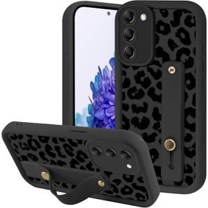 Aesthetic Black Leopard Phone Case for Samsung Galaxy S20 FE 5G with Flexible Adjustable Finger Hand Wrist Strap Holder Kickstand Silicone Shockproof Protection for Samsung S20 FE 6.5 Inch