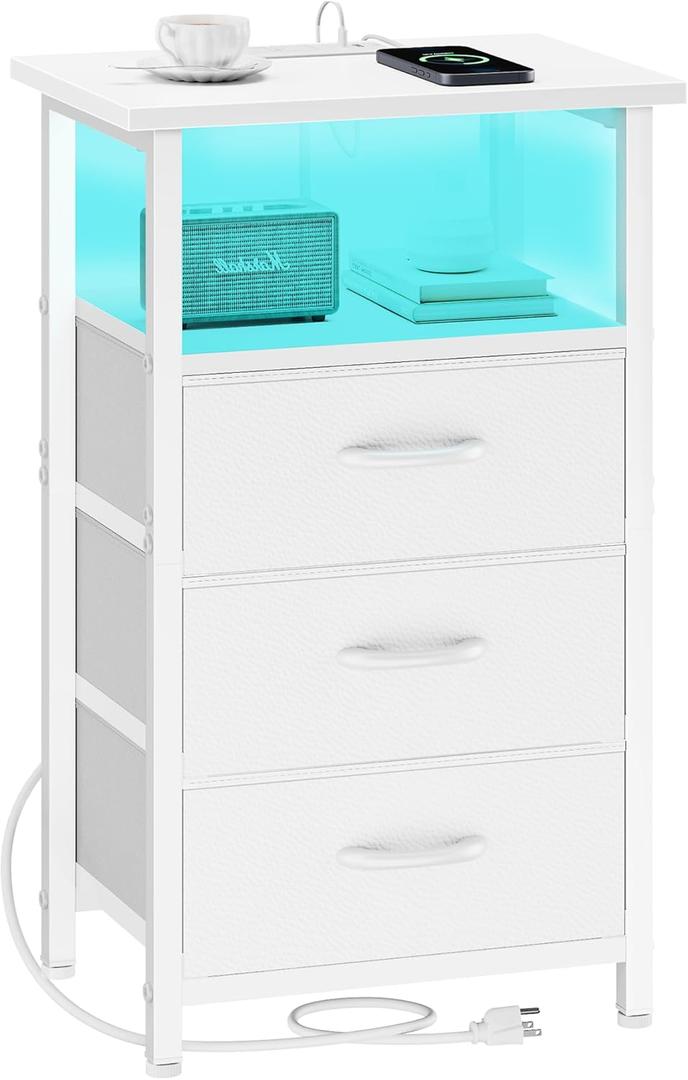 Vagusicc Night Stand with Charging Station, LED Nightstand for Bedroom, White Bedside Table with 3 Fabric Drawers, End Table Side Table with USB Ports and Outlets, Bed Side Table for Bedroom, White (1 Piece)