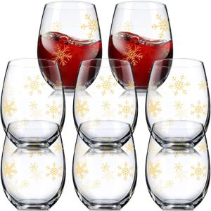 Umigy 8 Pcs Gold Snowflake Christmas Wine Glasses Winter Xmas Stemless Wine Glass Christmas 15 oz Snowflake Let It Snow Leaf Tree Glasses for Party Family Holiday Birthday Decoration
