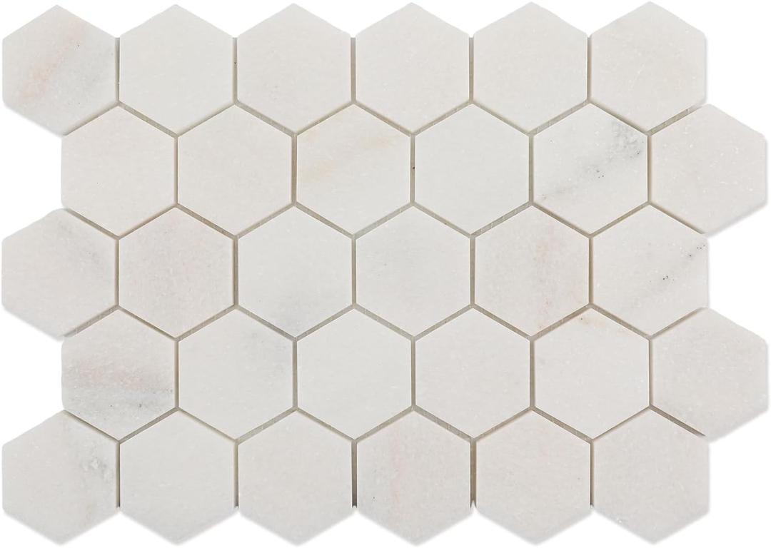 Marble Mosaic Tile, 2 Inch Hexagon, Honed, White Natural Stone Mosaic Tiles for Kitchen Backsplash, Shower Floor, Bathroom, Accent Wall, Pack of 5 Sheets (Pollen Thassos)