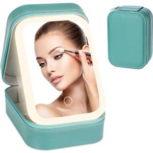 Travel Makeup Case with LED Mirror, Makeup Bag with Lighted Mirror, Cosmetic Storage Box, Christmas Portable Organizer Vanity Case for Women, Beauty Tool Accessories Rechargeable, Green