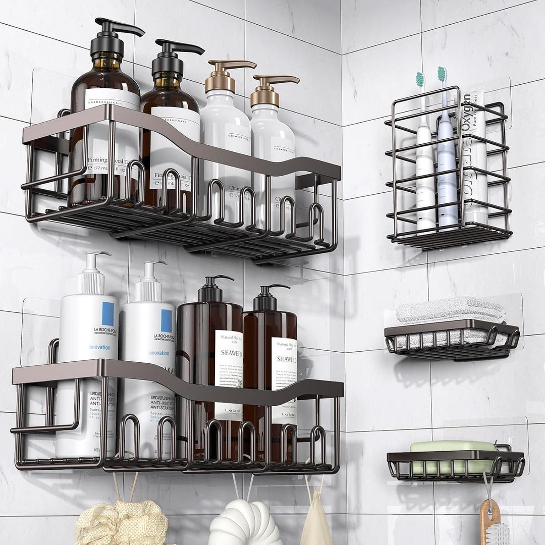 EUDELE 5-Pack Rustproof Stainless Steel Shower Caddy  No Drill Adhesive Bathroom Organizer with Large Capacity, Spacious Shower Shelves for Inside Shower, Kitchen & Home Decor Storage-XL Size (Dark Brown)