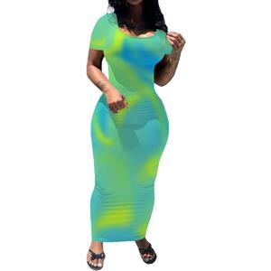 PINSV Women's Casual Bodycon Maxi Dress Summer Scoop Neck Short Sleeve Long Fitted Dresses Club Party (Large, Blue Green Blend Printing)