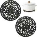 2 Pack Cast Iron Trivet, 8 Inch Round Metal Trivets with Rubber Feet Caps, Rustproof Heat Resistant Hot Pot Plate Stand Holder Mat Pad for Kitchen, Dining Table, Countertop