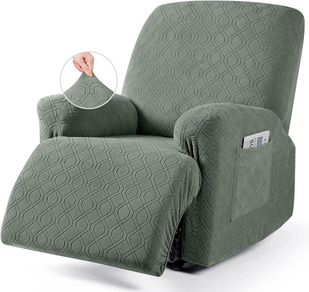 VANSOFY Recliner Chair Cover, 3-Pieces Stretch Recliner Covers for Recliner Chair Soft Reclining Chair Slipcover Furniture Protector for Dogs Cats(Bean Green) (1 Seater)
