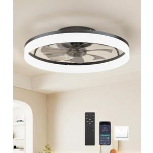 Ceiling Fans with Lights and Remote,19.7" Flush Mount Ceiling Fan with Lights,3000-6500K Dimmable and 6 Wind Speeds ,Low Profile Ceiling Fan with Light for Bedroom, Kids Room (Black)