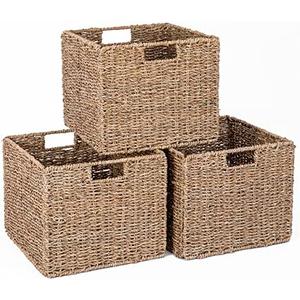 Seagrass Storage Baskets, 12X12X10in Cube Wicker Storage Basket for Shelves, Pantry Baskets Organization and Storage, Kitchen Storage Baskets, Bathroom Shelves Storage Basket Set of 3